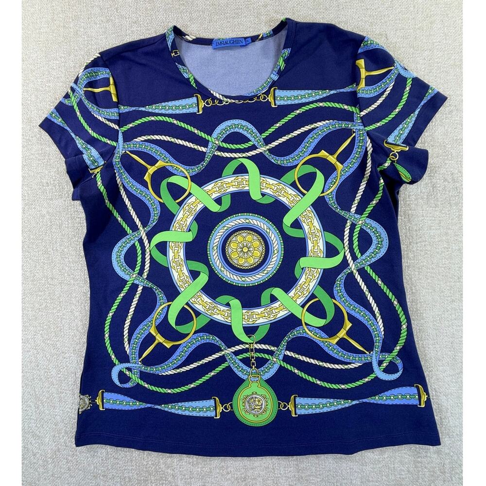 J. McLaughlin Women's XL Blue Green Chain Print Cap Sleeve Preppy Pullover Top